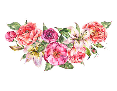 Vintage Watercolor Wreath with Blooming Flowers. Roses and Peonies, White Royal Lilies © depiano