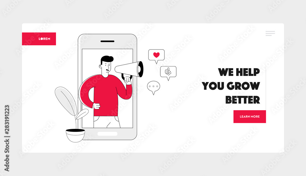 Poster smm social media networking website landing page. man blogger with megaphone stand at smartphone scr