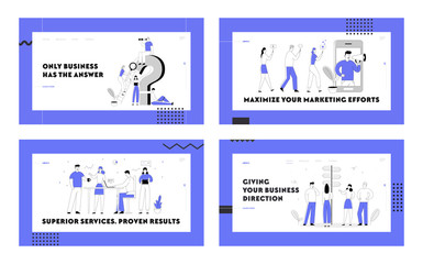 Social Media Marketing, Teamwork Creative Group, Information Searching Website Landing Page Set. People at Question Mark Smm Mobile Service Road Choice Web Page Banner Cartoon Flat Vector Illustration