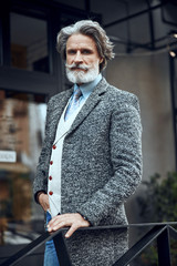 Calm elegant man by the banister stock photo