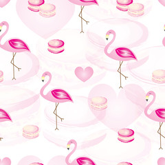 seamless pattern with flamingos and macaroons vector - pink theme