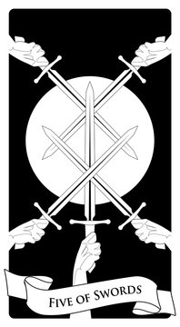 Five of swords. Crossing five swords on a symbolic image of the sun