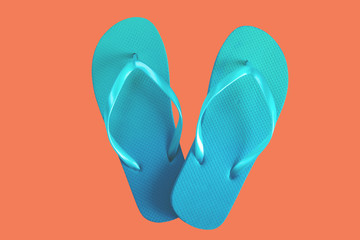 Green flip flops isolated on red background. Top view