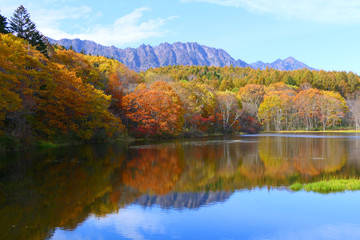 Fototapeta na wymiar 上信越国立公園。紅葉の小鳥ヶ池より戸隠連山を望む。長野　日本。１０月下旬。