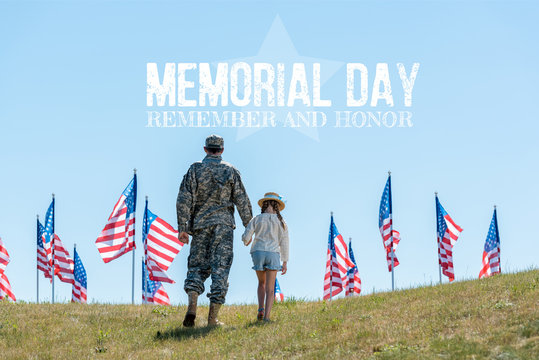 back view of father in military uniform holding hands with daughter near american flags with memorial day illustration