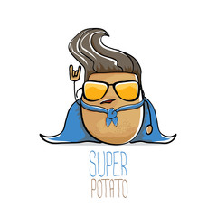 vector funny cartoon cute brown super hero potato with blue hero cape and hero mask isolated on white background. My name is potato vector concept. super vegetable food character