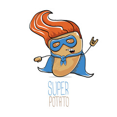 vector funny cartoon cute brown super hero potato with blue hero cape and hero mask isolated on white background. My name is potato vector concept. super vegetable food character