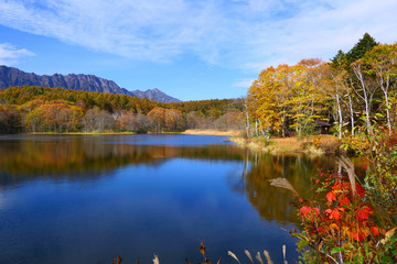 上信越国立公園。紅葉の小鳥ヶ池より戸隠山を望む。長野　日本。１０月下旬。