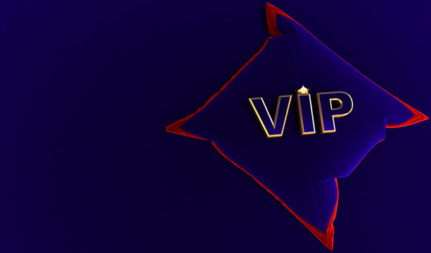 3D rendering of Golden VIP Crown, Royal gold VIP crown on  bleu pillow, Crown VIP