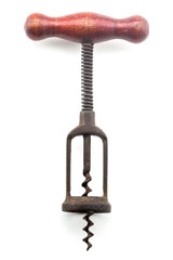 Antique vintage corkscrew bottle opener on white background