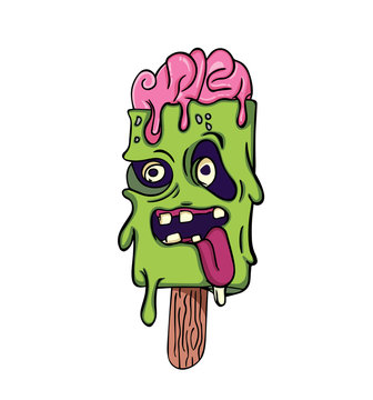 2D flat, Abstract character design Ice cream zombie will be melted, Vector creative illustration cute cartoon object on white background for decoration graphic design and artwork, Halloween concept.