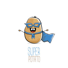 vector funny cartoon cute brown super hero potato with blue hero cape and hero mask isolated on white background. My name is potato vector concept. super vegetable food character