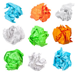 various crumpled paper balls isolated on white