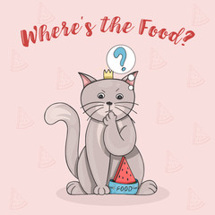 where is the food greeting card Cute vector illustration Sweet cat with the food bowl with watermelon for flyer, poster, t-shirt print