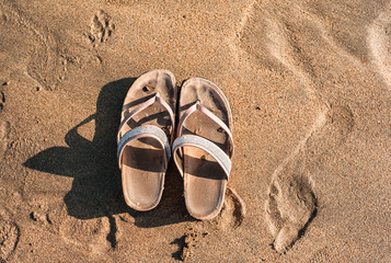 sandals on the beach sand background