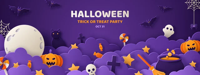 Rolgordijnen Halloween violet paper cut banner © kotoffei