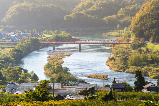 Beautiful view of the Chikuma river in Iiyama city,Nagano, Japan