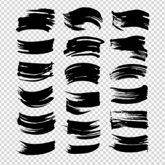 Black abstract short straight brushstrokes textured big set isolated on imitation transparent background