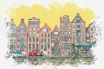 Watercolor sketch or illustration of traditional architecture in Amsterdam in the Netherlands