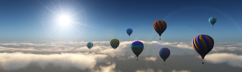 Balloons over the clouds. Balloons flying high in the sky.