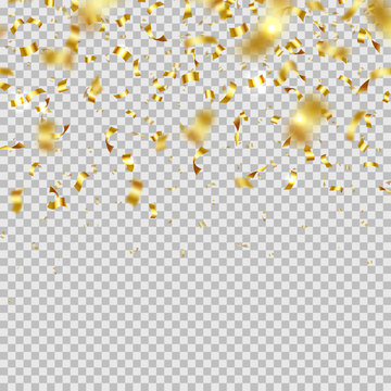 Realistic falling golden confetti isolated on transparent background. Merry Christmas and Happy New Year holiday decor. Anniversary celebration design. Shiny festive gold foil vector illustration