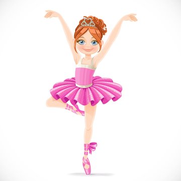 Ballerina girl in pink tutu dancing on one leg isolated on a white background