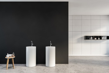 Gray and white tile bathroom with double sink