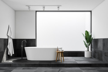 White and tiled loft bathroom interior, tub