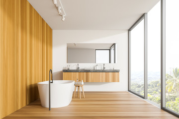 Fototapeta na wymiar Loft white and wooden bathroom interior
