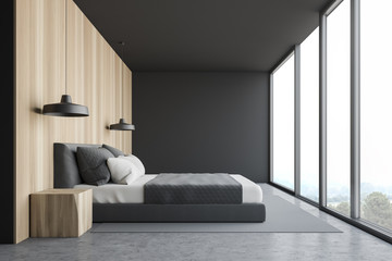 Side view of panoramic gray and wood bedroom