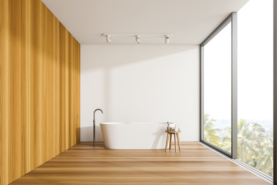 Minimalist loft white and wooden bathroom