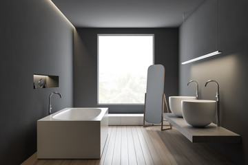 Fototapeta na wymiar Gray loft bathroom interior with angular tub