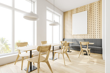White and wooden coffee shop with poster