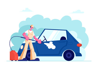Car Wash Service Worker Wearing Uniform Lathering Automobile with Sponge and Pouring with Water Jet from High Pressure Washer. Cleaning Company Employee Work Process. Cartoon Flat Vector Illustration