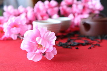 Obraz na płótnie Canvas Chinese tea ceremony with the use of utensils of clay on the background of the cherry blossom.