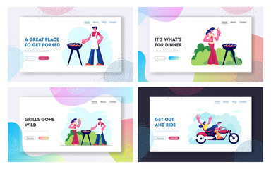 Young Couple Riding Motorbike and Having Bbq Outdoors Event Website Landing Page Set. Girl and Man Having Romantic Vacation Sparetime, Leisure Journey Web Page Banner. Cartoon Flat Vector Illustration