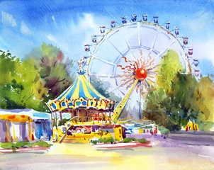 Deurstickers Pretpark, carrousel, attractie. Reuzenrad kunst. Zonnige dag. Aquarel schilderen. Stadsgezicht. Stedelijke schets. © Sveta Mikhalevich