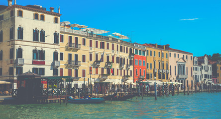 Obraz premium Beautiful view of the traditional water channel in Venice in the morning. View on canal with motor boats water. Picturesque landscape.