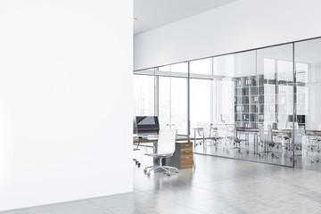 White open space office with meeting room, mock up