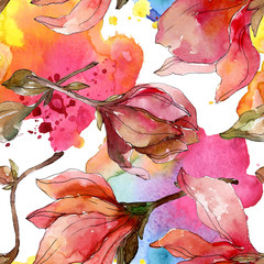 Camelia floral botanical flowers. Watercolor background illustration set. Seamless background pattern.