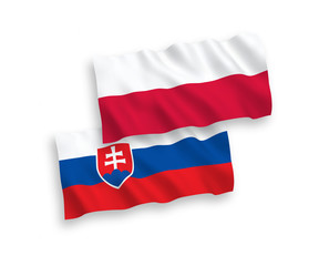 National vector fabric wave flags of Slovakia and Poland isolated on white background. 1 to 2 proportion.