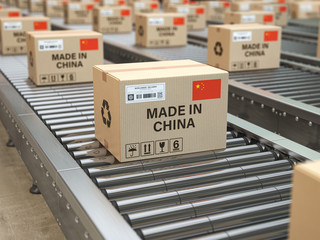 Made in China. Cardboard boxes with text made in China and chinese flag on the roller conveyor. - obrazy, fototapety, plakaty