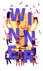 Fototapeta na wymiar Winner Concept with Cheerleaders Team Making Pyramid on Sports Competition and Cheerful People around Golden Cup and Confetti. Sport Poster Banner Flyer Brochure. Cartoon Flat Vector Illustration