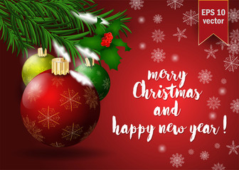 Christmas 3 balls decoration among snowflakes on spruce branch, background design