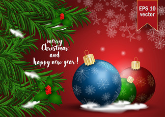 Christmas 9 balls decoration among snowflakes on spruce branch, background design