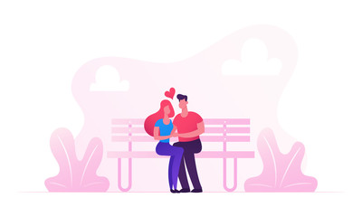 Young Loving Couple Hugging Sitting on Bench in City Park. Romantic Relations, Love, Summertime Vacation. Outdoors Summer Spare Time Leisure. Man Holding Woman Hands. Cartoon Flat Vector Illustration