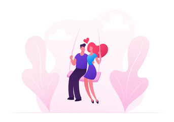 Young Couple Riding Seesaw In Park Outdoors. Happy Woman and Man on Teeterboard Swinging, Flying High on Nature Landscape Background. Romantic Dating Love and Dreams Cartoon Flat Vector Illustration