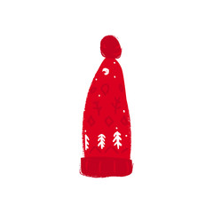 Winter red warm hat with scandinavian pattern flat vector illustration isolated.