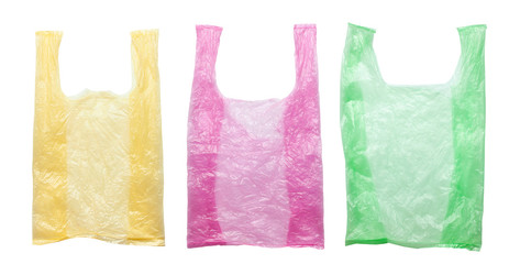 Colored plastic bags isolated against a white background. Environmental pollution by disposable bags, recycling