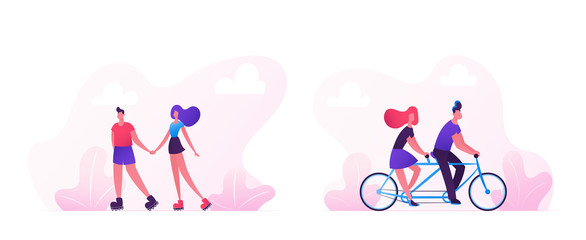 Loving Couple Spend Time Together Cycling on Bike and Skating Rollers. Man Driving Woman on Bicycle Summer Romantic Voyage. Vacation Sparetime, Leisure Love Relations Cartoon Flat Vector Illustration